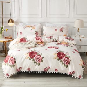 jolusere red floral botanical duvet cover set queen size white pom pom fringe comforter cover aesthetic boho farmhouse garden bedding set leaves printed duvet cover 3 pieces cottagecore bedding set