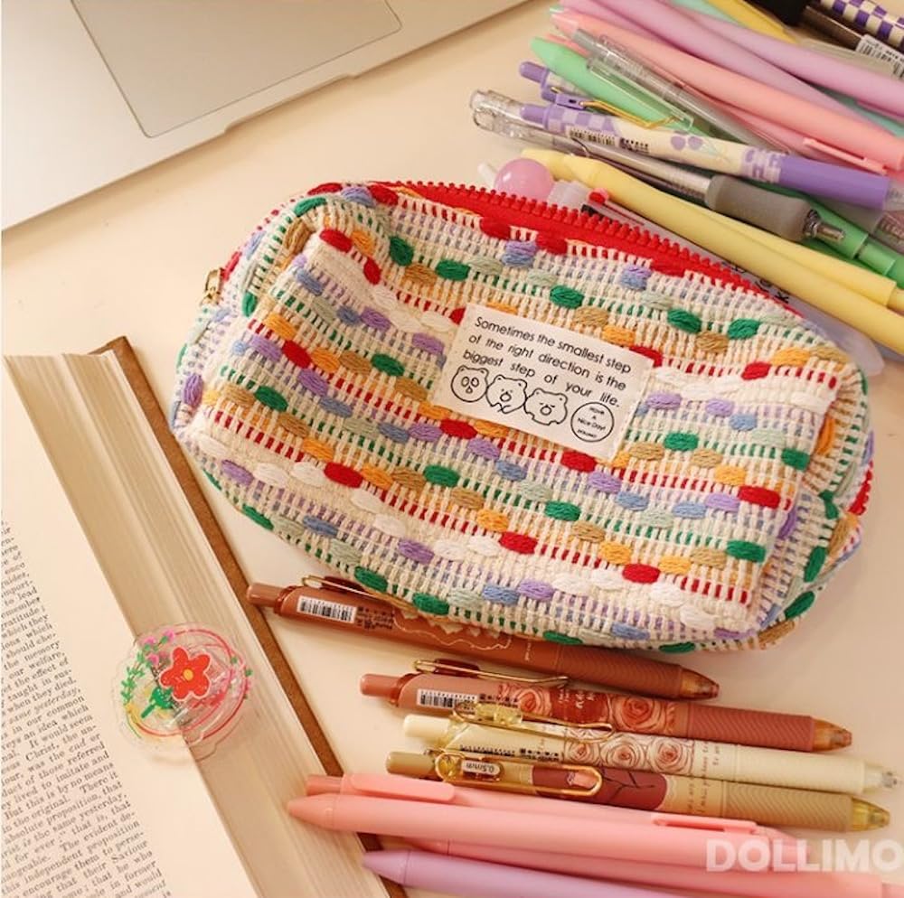 JHTPSLR Wool Knitting Pencil Pouch Colorful Knitting Wool Pencil Case Aesthetic Pencil Pouch Zipper Pen Bag Storage Bag Make Up Bag Stationery Organizer Bag for Office Travel (Multi)