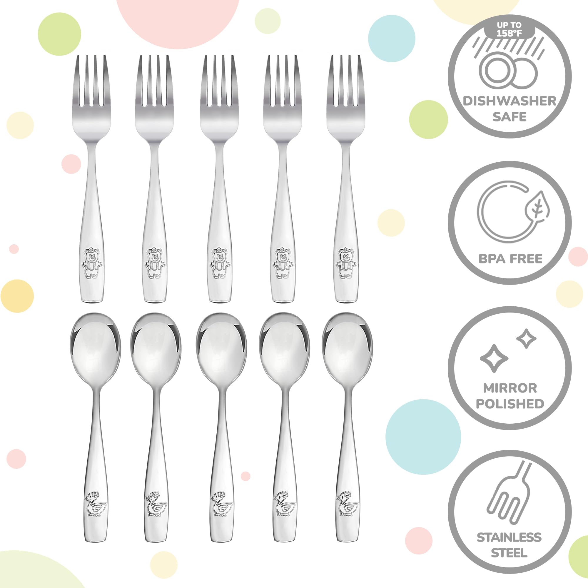 PLASKIDY Kids Silverware Stainless Steel Set of 10 Toddler Utensils Forks and Spoons - Dishwasher Safe Kids Flatware Set Children's Safe Cutlery Set