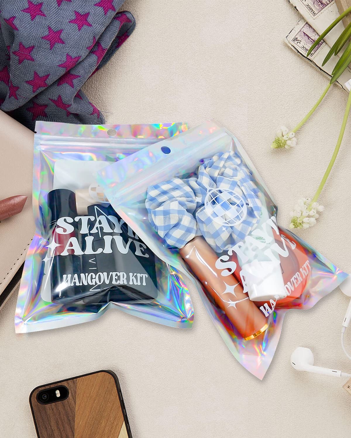 SILFGRLF Stayin' Alive Bachelorette Party Hangover Kits Bags, 50 Pcs Holographic Bags (5"x7") Bachelorette Party Supplies Last Disco Party Favors Printed