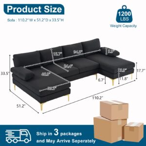 VINGLI 110" Modern U Shaped Sectional Couch with 51"D Double Chaise for Living Room, Black Deep Seat Sectional Sofa Sets with 5.9" Thickness Seating Padding for Home Furniture,Linen Fabric,Metal Legs