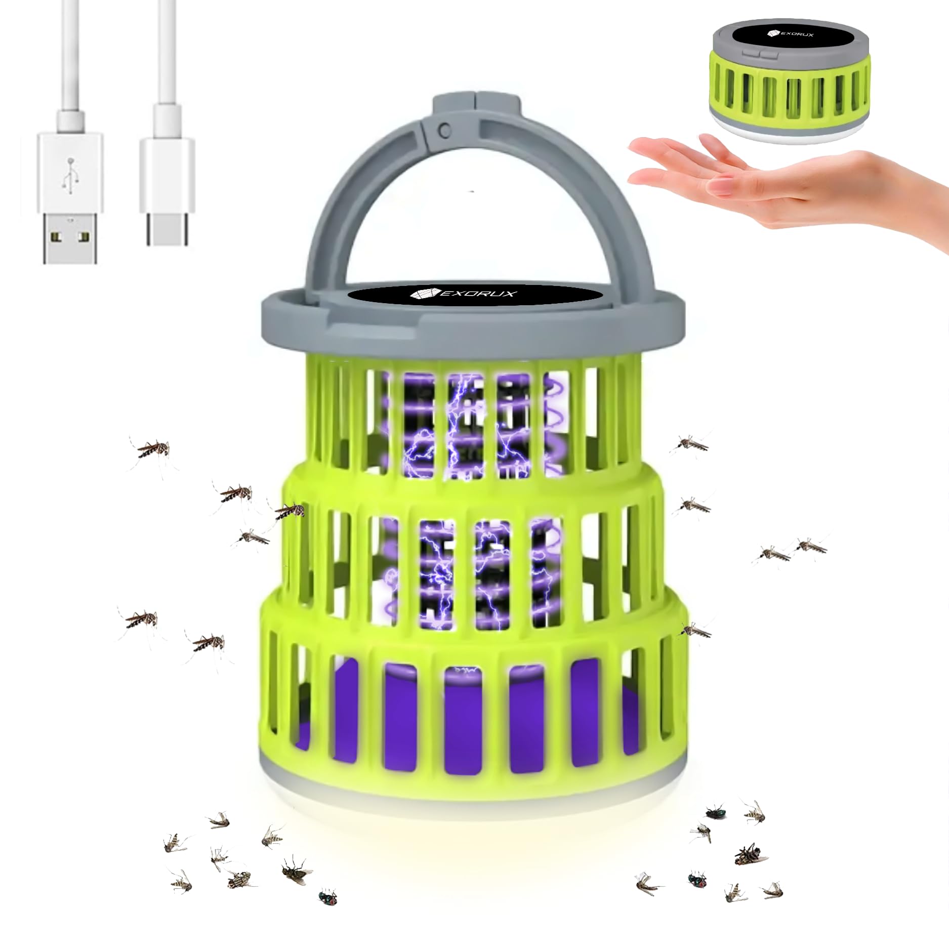 EXORUX Telescopic Bug Zapper Outdoor, Cordless & Rechargeable Mosquito Zapper with Camping Lamp, Fly Traps Outdoor, Fly Zapper, Mosquito Trap, Fly Catcher, Bug Light for Garden Backyard Patio