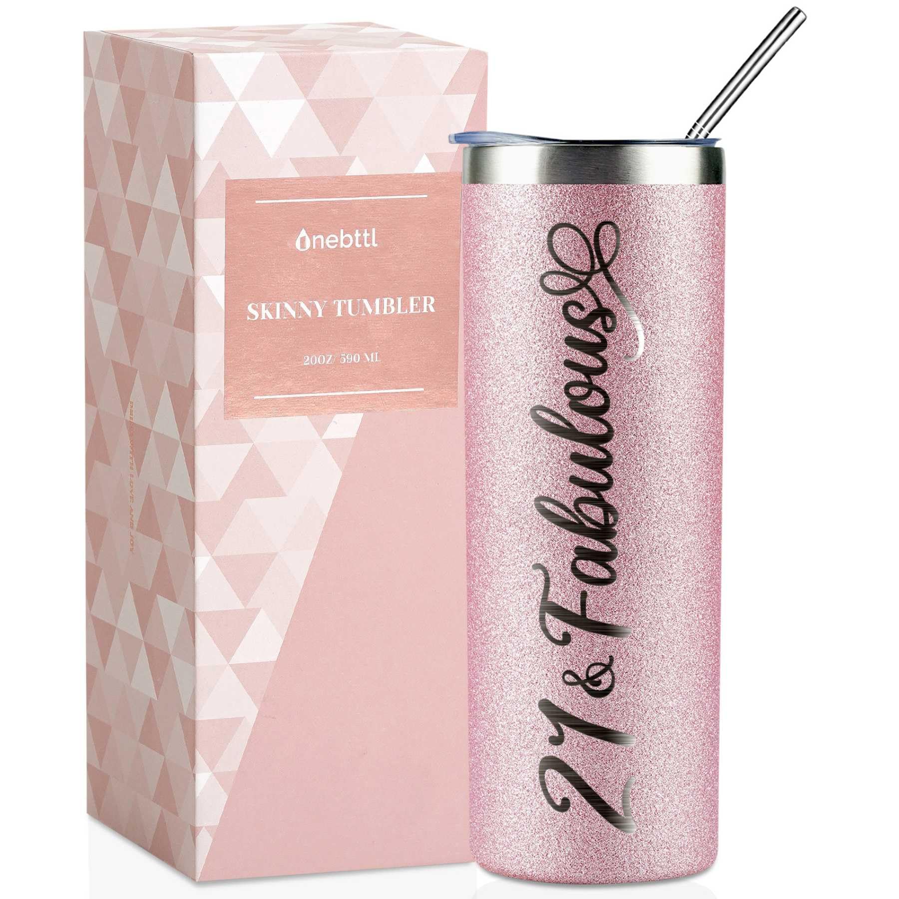 Onebttl 21st Birthday Gifts for Women, Girl, Her - 21 and Fabulous -20oz/590ml Stainless Steel Insulated Glitter Tumbler with Straw, Lid, Message Card - (Rose Gold)