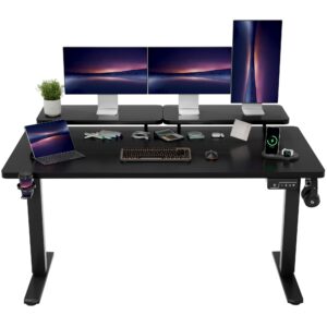 shahoo electric standing desk with monitor shelf, 63 x 27 inches height adjustable corner table, computer workstation with cup holder and hook for home office, black, 63x27 inch