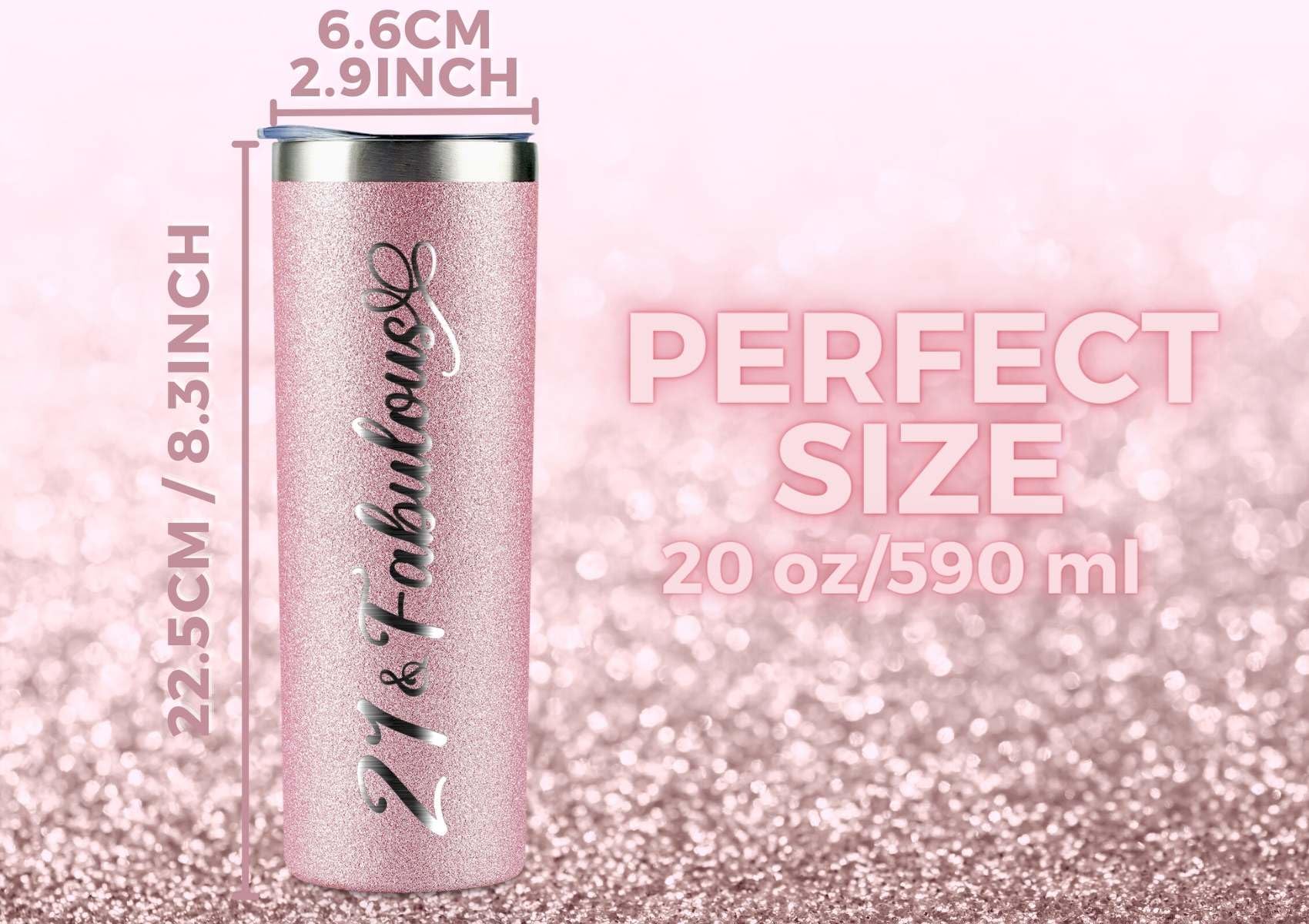 Onebttl 21st Birthday Gifts for Women, Girl, Her - 21 and Fabulous -20oz/590ml Stainless Steel Insulated Glitter Tumbler with Straw, Lid, Message Card - (Rose Gold)