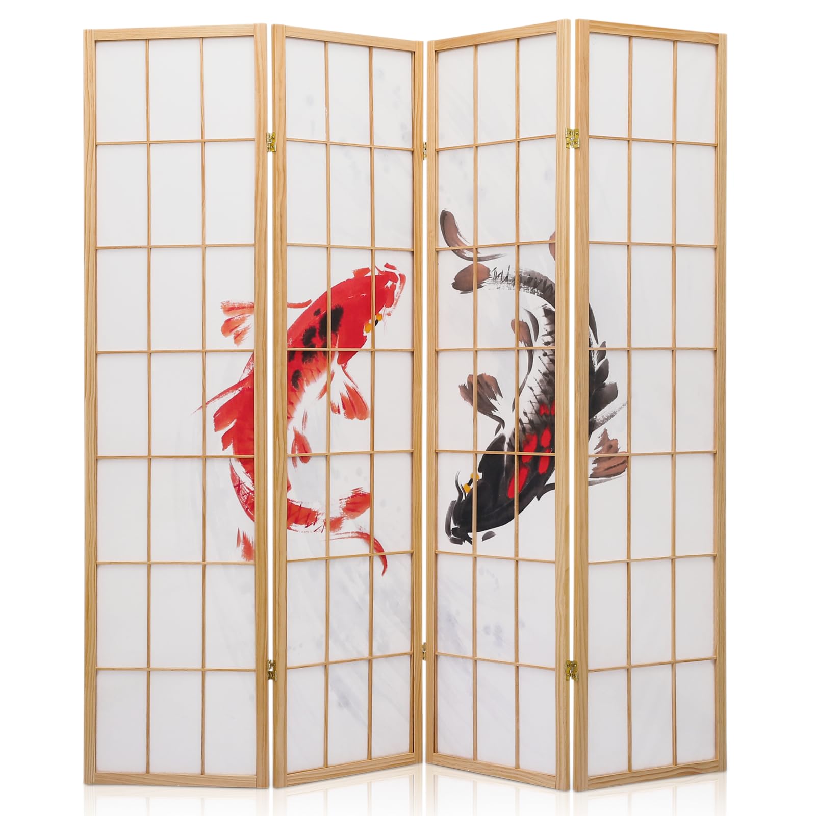 MoNiBloom Japanese Room Dividers 4-Panel Lifelike Koi Fish Decor Shoji Screen, 5.9 ft Portable Room Separating Divider, Free-Standing Oriental Decorative Privacy Screen for Home Office Changing Room