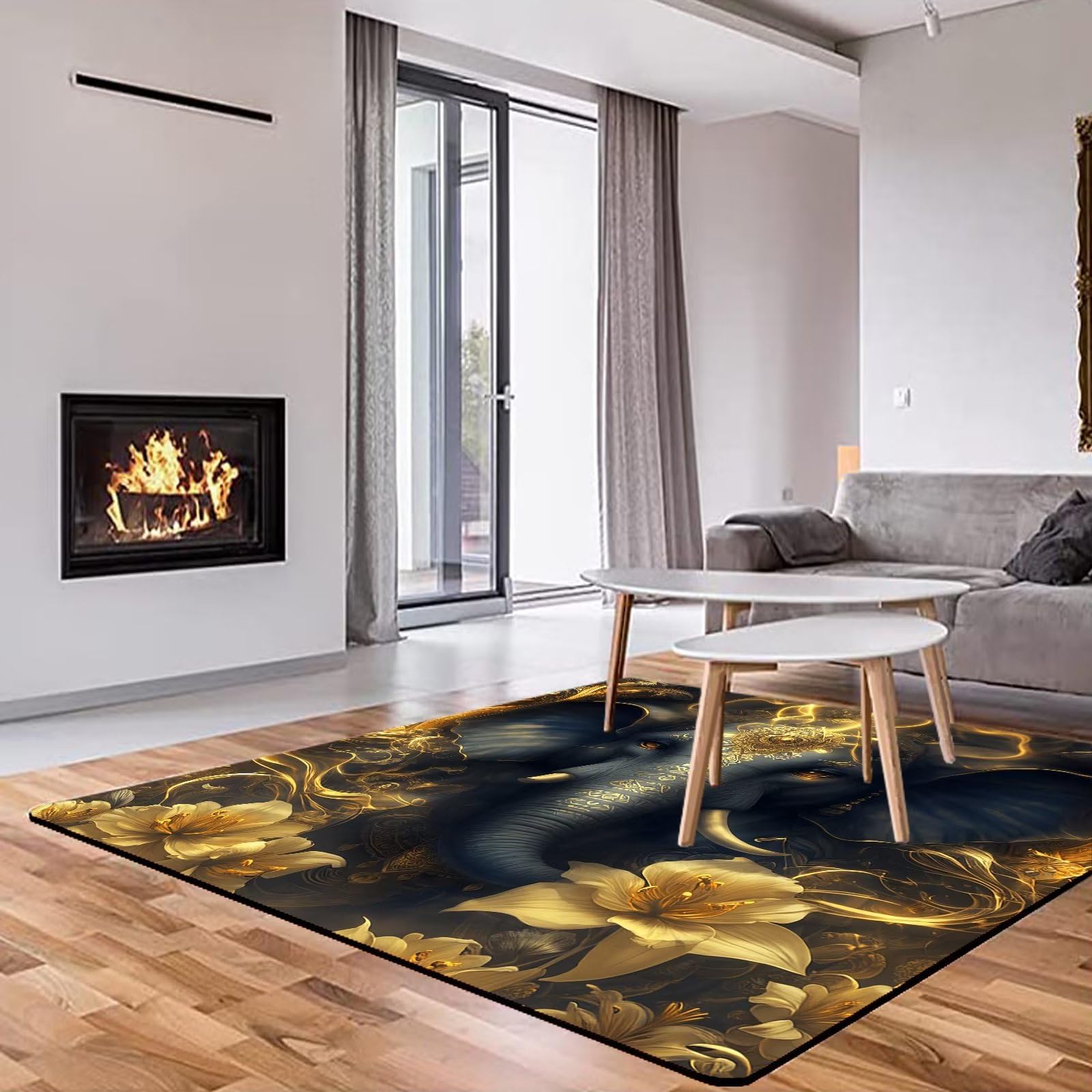 African Elephant Area Rug Opulent Gold Flowers Rugs for Living Room Bedroom Office Non-Slip Washable Indoor Floor Mat Doormat Throw Rugs Carpet 79 in x 39 in