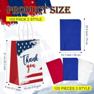 Ctosree 100 Pcs Veterans Thank You Gifts Bag 105 Pcs Red Blue White Tissue Paper 4th of July Bags with Handles American Flag Paper Treat Goodie Bag for Patriotic Memorial Day Independence Day Party