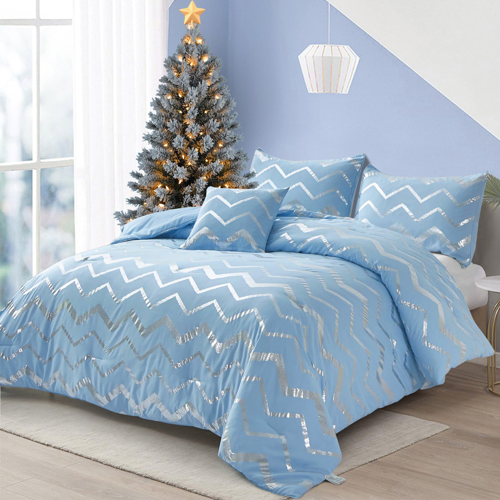 Menghomeus Blue/Silver Comforter Set Queen/Full Size Metallic Print Glitter Bed Comforter Cute Shinny Christmas Bedding for Teen Girls Kids Women, 4 Piece (2 Pillowcases, 1 Decorative Pillow Sham)