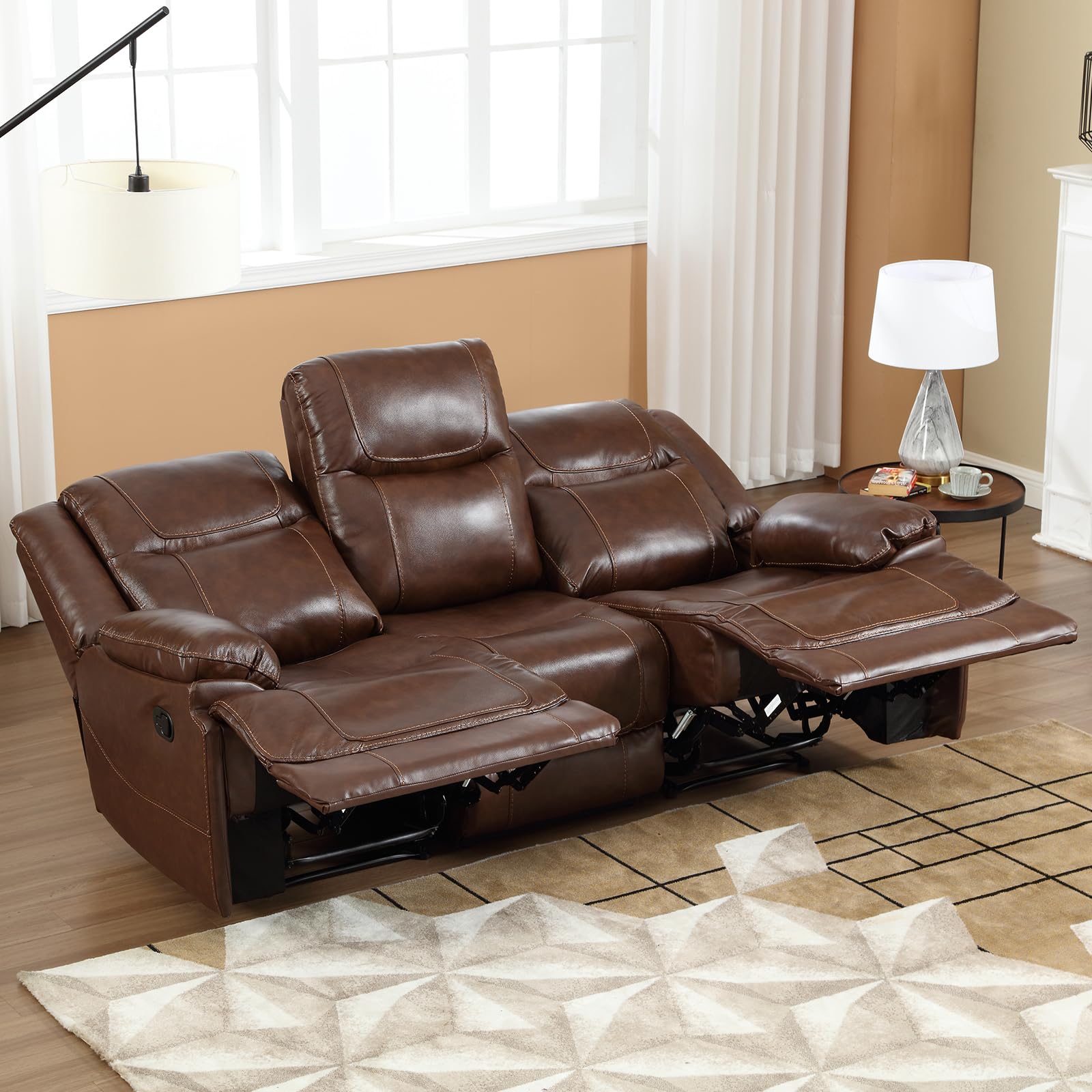 EBELLO Genuine Leather Manual Reclining Sofa, 3 Seat Recliner Sofa, Couch for Living Room, Bedroom Furniture, Meeting Room, Brown (3 Seat Sofa)