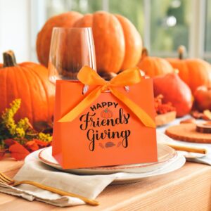 Tenceur 25 Sets Thanksgiving Gift Bags Friendsgiving Party Favor Orange Gift Bags with Handles Small Candy Bag with Bow Ribbon Friends Thanks Giving Party Gift Bag for Friend Guest, 5.51x4.72x2.36''