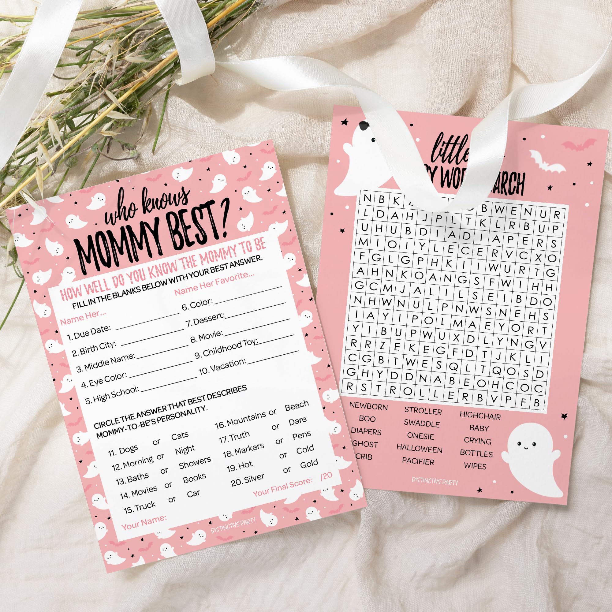 DISTINCTIVS Pink A Little Boo is Almost Due Girl Baby Shower Games - Who Knows Mommy Best and Word Search (2 Activity Game Bundle) - Set of 20 Player Cards, Halloween Baby Shower