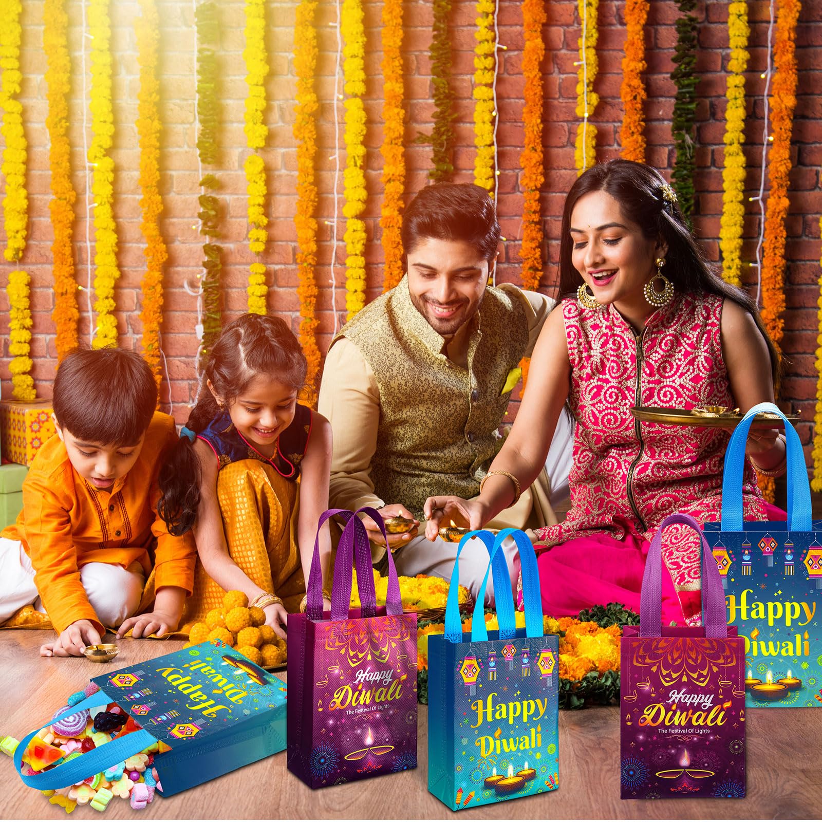 Windyun 48 Pcs Happy Diwali Gift Bags Non Woven Diwali Theme Party Gift Bag with Double Handles Diwali Favor Bags Tote for Diwali Festival of Lights Themed Party Treat Snacks Candy Favors Decorations