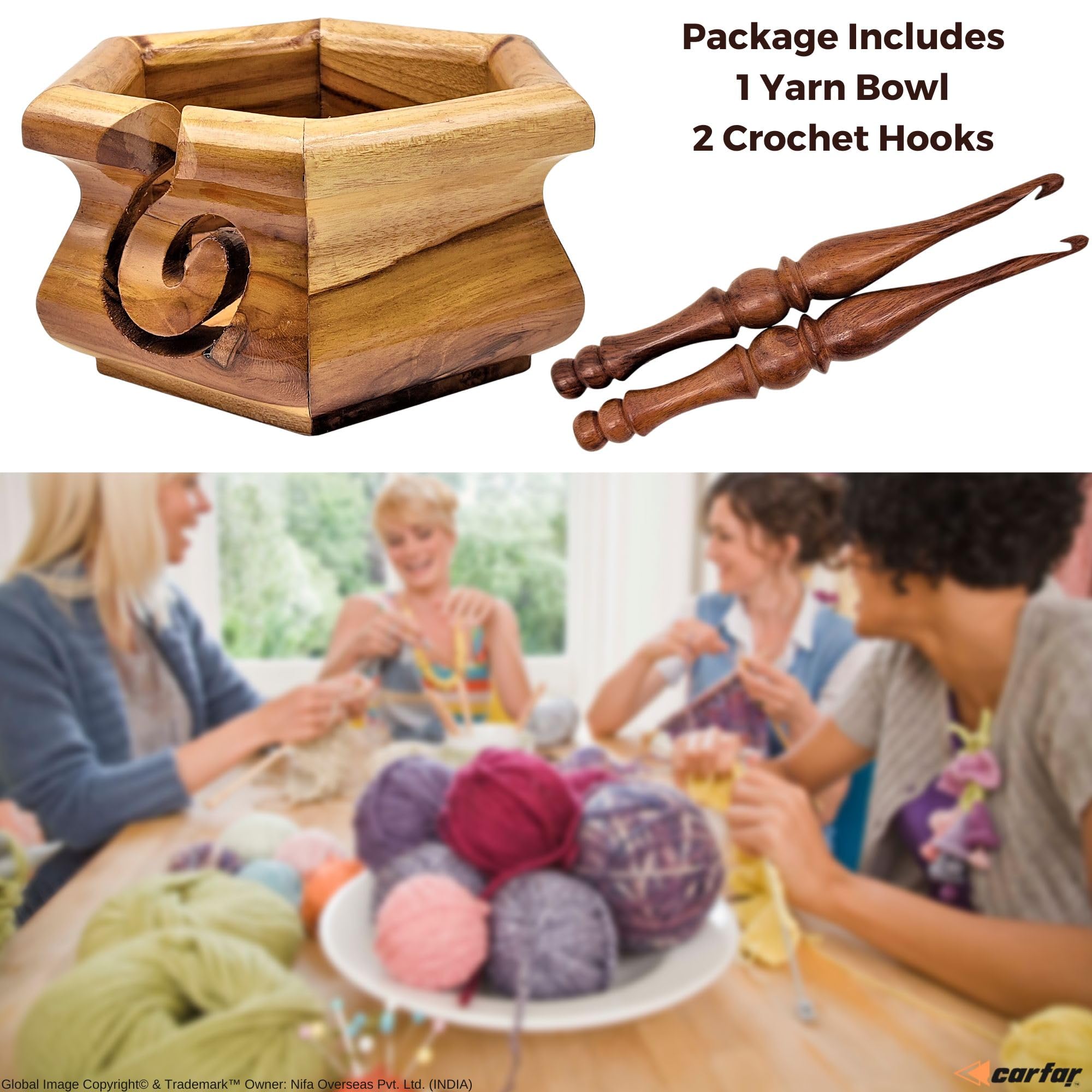 Carfar Knitting Yarn Bowl & Crochet Hooks Set Handmade Wooden Yarn Storage Bowl for Craft, Crocheting and Knitting