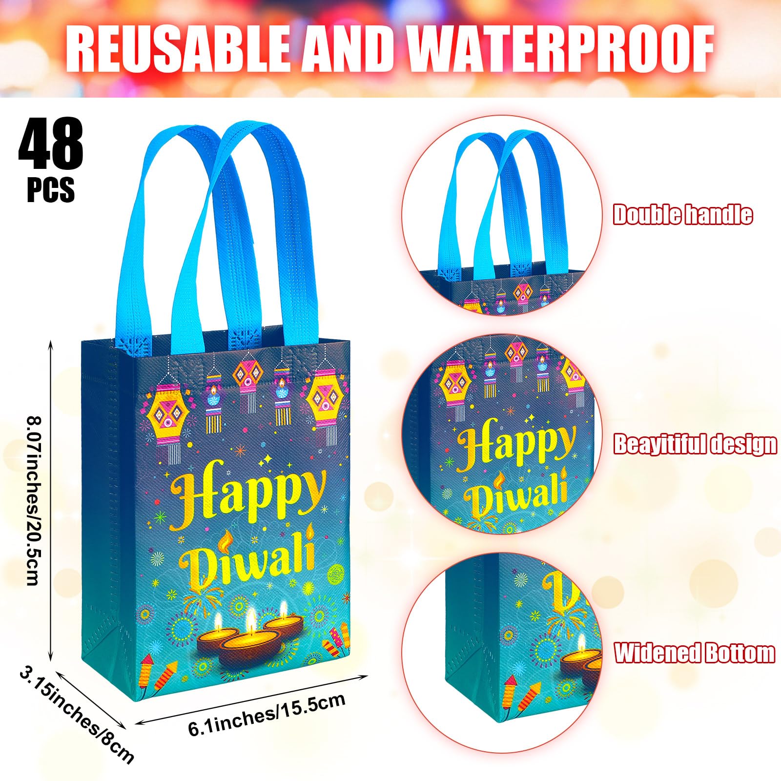 Windyun 48 Pcs Happy Diwali Gift Bags Non Woven Diwali Theme Party Gift Bag with Double Handles Diwali Favor Bags Tote for Diwali Festival of Lights Themed Party Treat Snacks Candy Favors Decorations