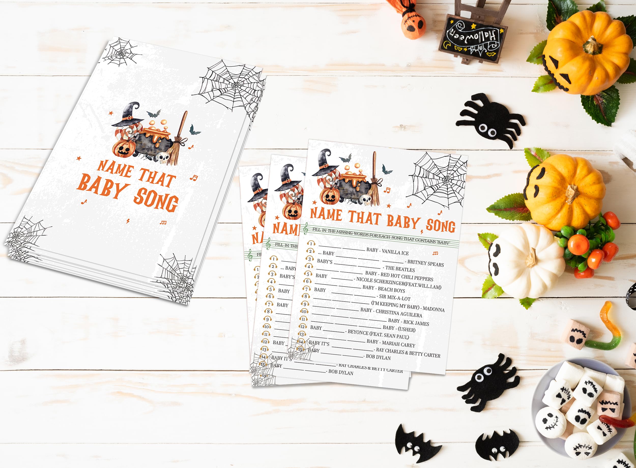 Halloween Name That Baby Song Game, Halloween Game for Baby Shower, Baby Shower Decorations, Fall Gender Reveal Party Supplies, 30 Game Cards and 1 Answer Key - WY08