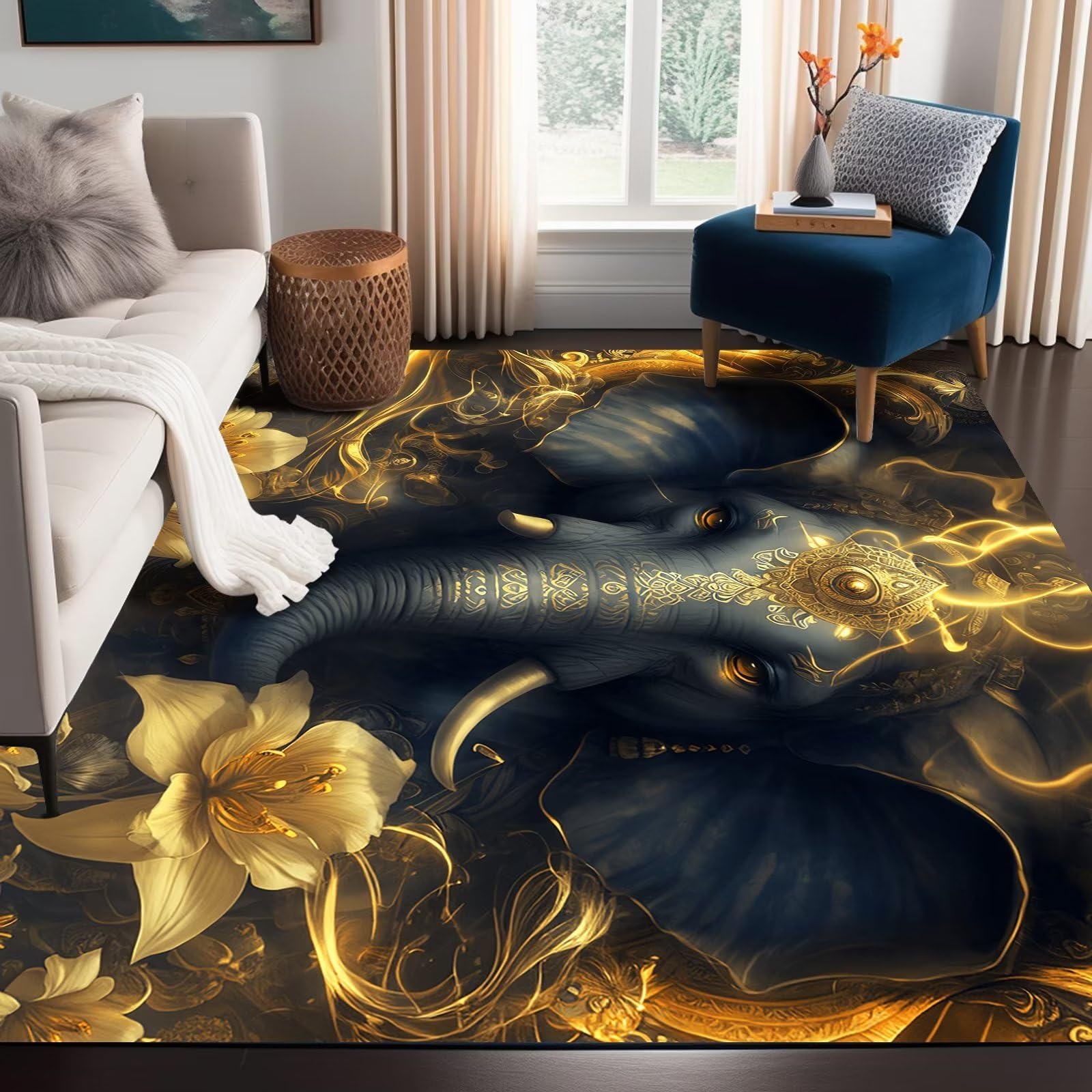 African Elephant Area Rug Opulent Gold Flowers Rugs for Living Room Bedroom Office Non-Slip Washable Indoor Floor Mat Doormat Throw Rugs Carpet 79 in x 39 in