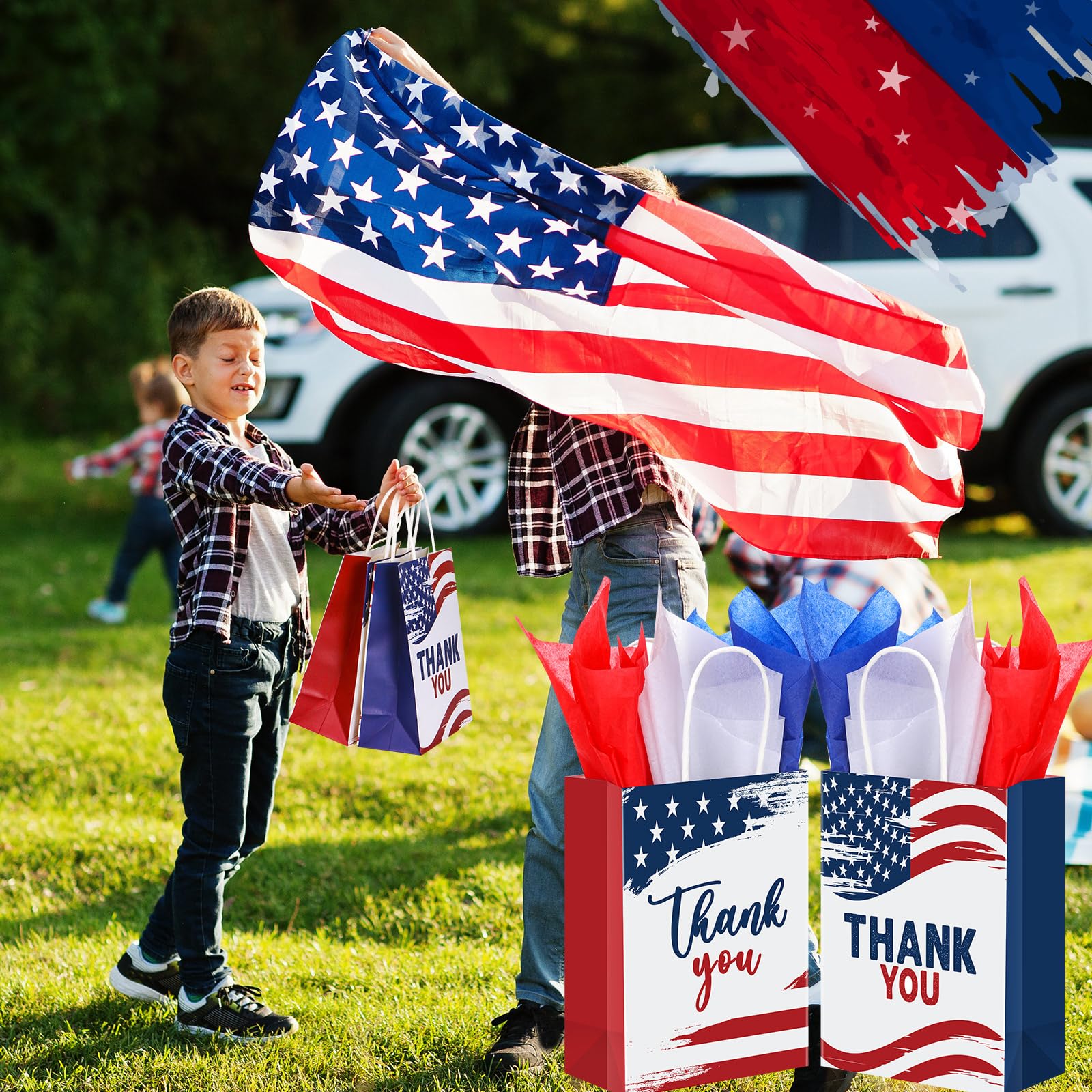 Ctosree 100 Pcs Veterans Thank You Gifts Bag 105 Pcs Red Blue White Tissue Paper 4th of July Bags with Handles American Flag Paper Treat Goodie Bag for Patriotic Memorial Day Independence Day Party