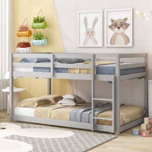 geevivo bunk bed twin over twin, twin size floor bunk beds frame with ladder and full length guardrail, low profile wood bunkbed for kids, boys, girls, literas para niños, no box spring needed (gray)