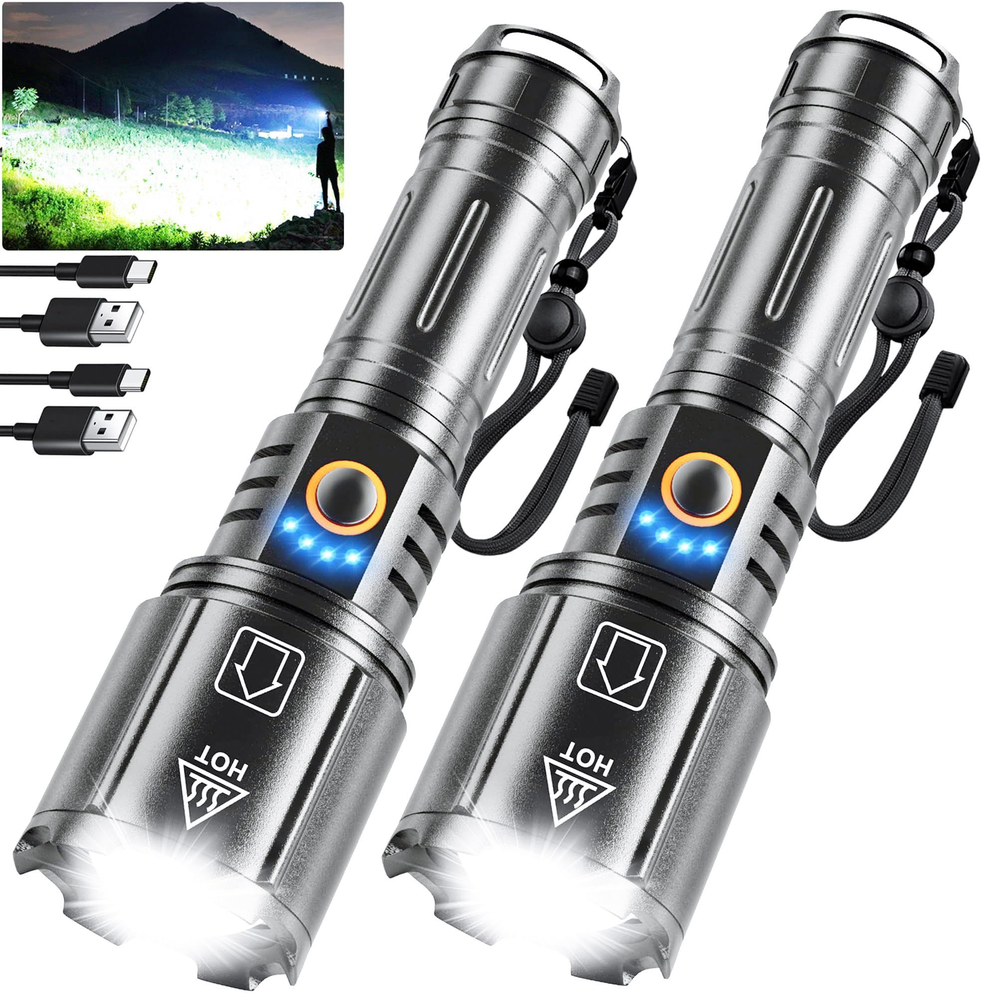 NiaoChao Flashlights High Lumens Rechargeable, 2 Pack Flash Light 990000 Lumen Super Bright Led Flashlight with ΒATTERY, 5 Modes, IPX6 Waterproof