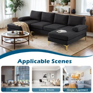 VINGLI 110" Modern U Shaped Sectional Couch with 51"D Double Chaise for Living Room, Black Deep Seat Sectional Sofa Sets with 5.9" Thickness Seating Padding for Home Furniture,Linen Fabric,Metal Legs