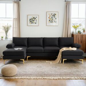 VINGLI 110" Modern U Shaped Sectional Couch with 51"D Double Chaise for Living Room, Black Deep Seat Sectional Sofa Sets with 5.9" Thickness Seating Padding for Home Furniture,Linen Fabric,Metal Legs