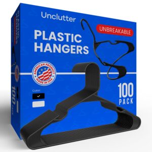 unbreakable clothes hangers by unclutter, 100 pack. quality, strong hangers, ideal for coats, shirts, blouses and pants (100, black)