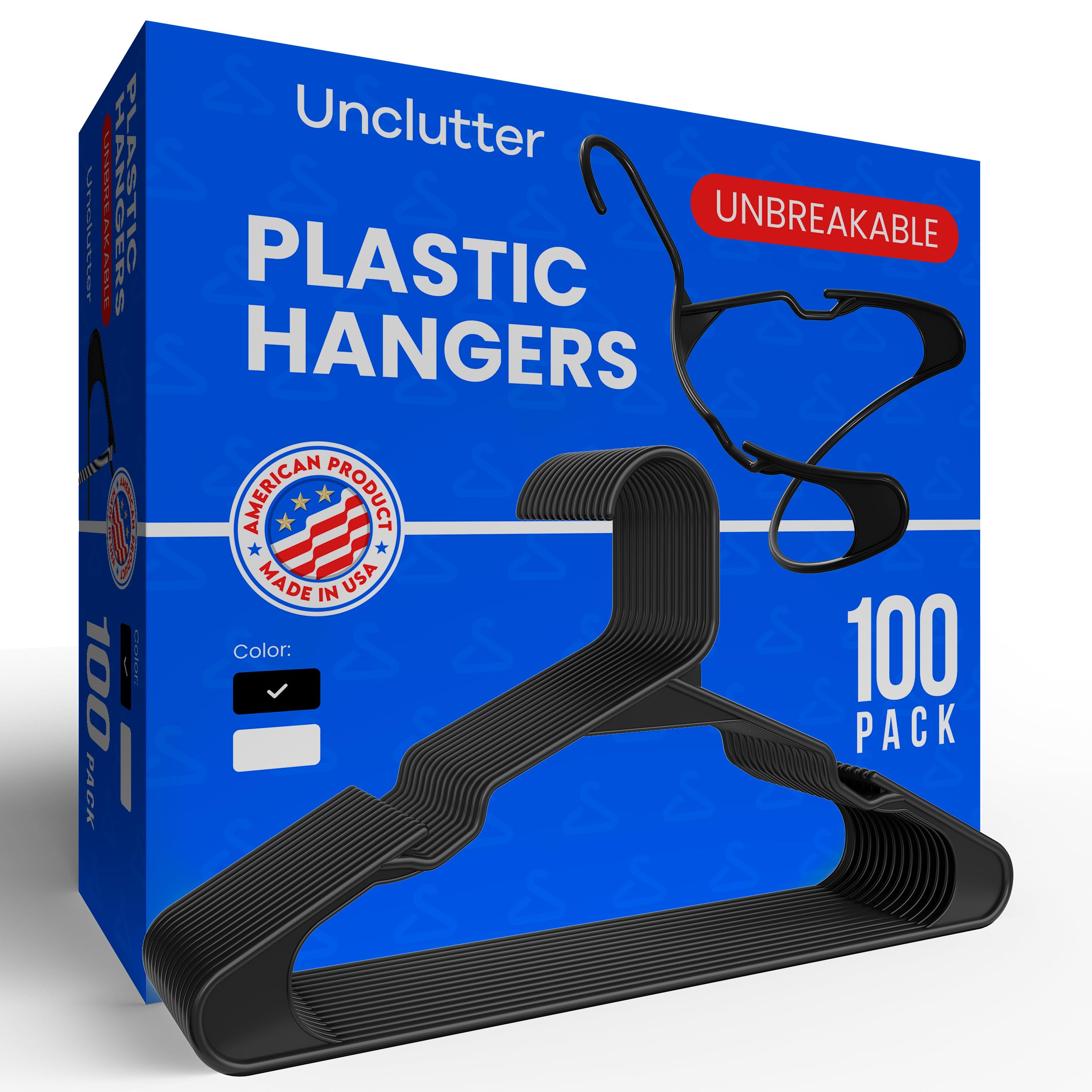 Unbreakable Clothes Hangers by Unclutter, 100 Pack. Quality, Strong Hangers, Ideal for Coats, Shirts, Blouses and Pants (100, Black)