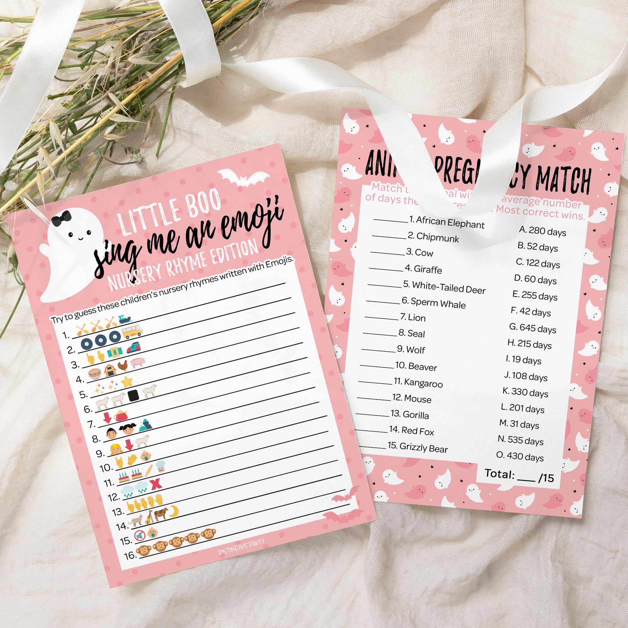 DISTINCTIVS Pink A Little Boo is Almost Due Girl Baby Shower Games - Animal Pregnancy and Emoji Picture Guessing Game (2 Game Bundle) - 20 Dual Sided Cards, Halloween Baby Shower