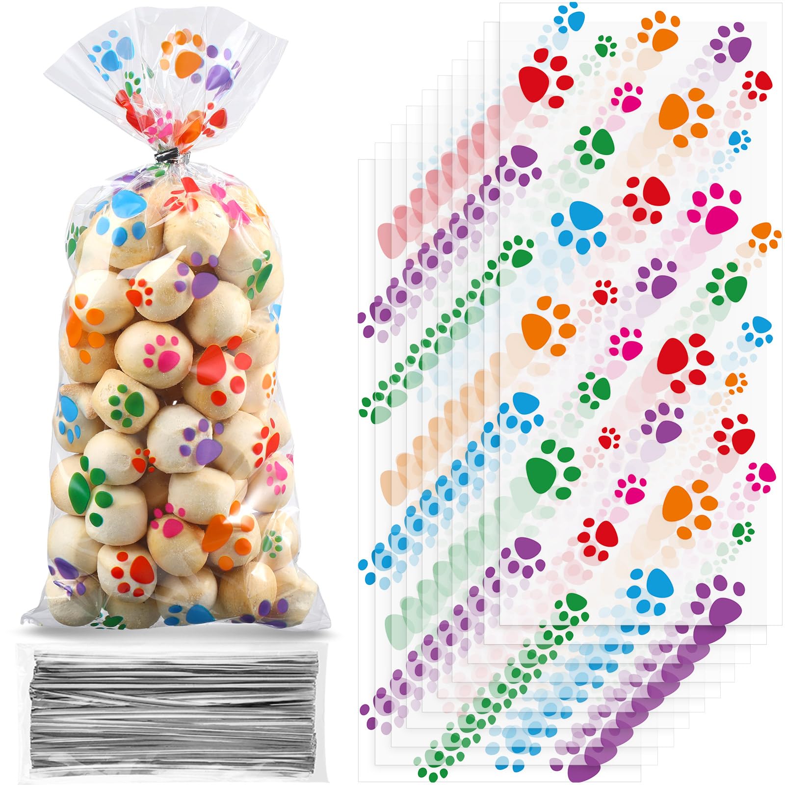 Blulu 100 Pieces Pet Paw Print Cone Cellophane Bags Heat Sealable Candy Bags Dog Paw Gift Bags Cat Treat Bags with 100 Pieces Silver Twist Ties for Pet Treat Party Favor (Colorful)