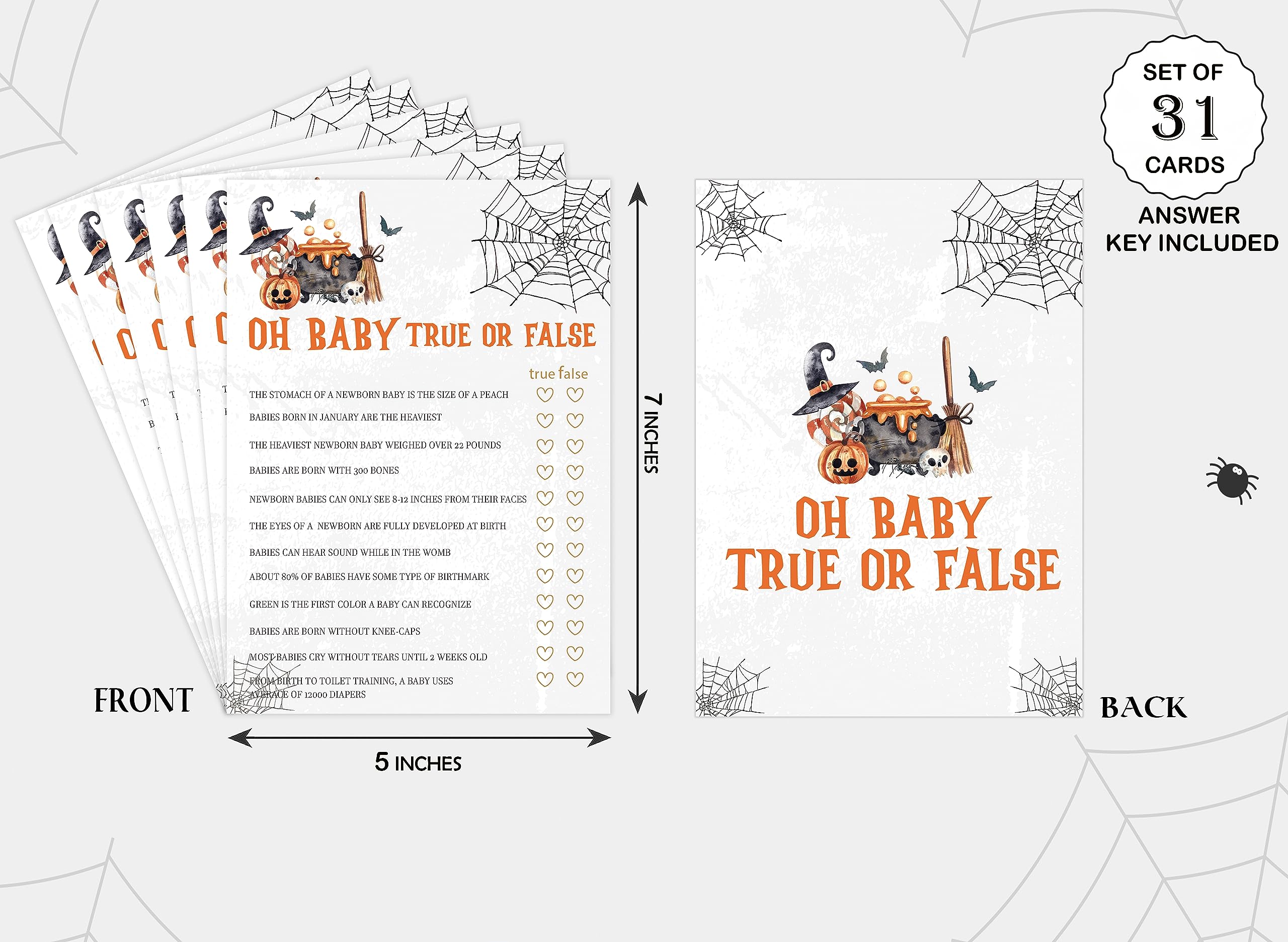 Halloween True or False Game, Halloween Game for Baby Shower, Baby Shower Decorations, Fall Gender Reveal Party Supplies, 30 Game Cards and 1 Answer Key - WY09