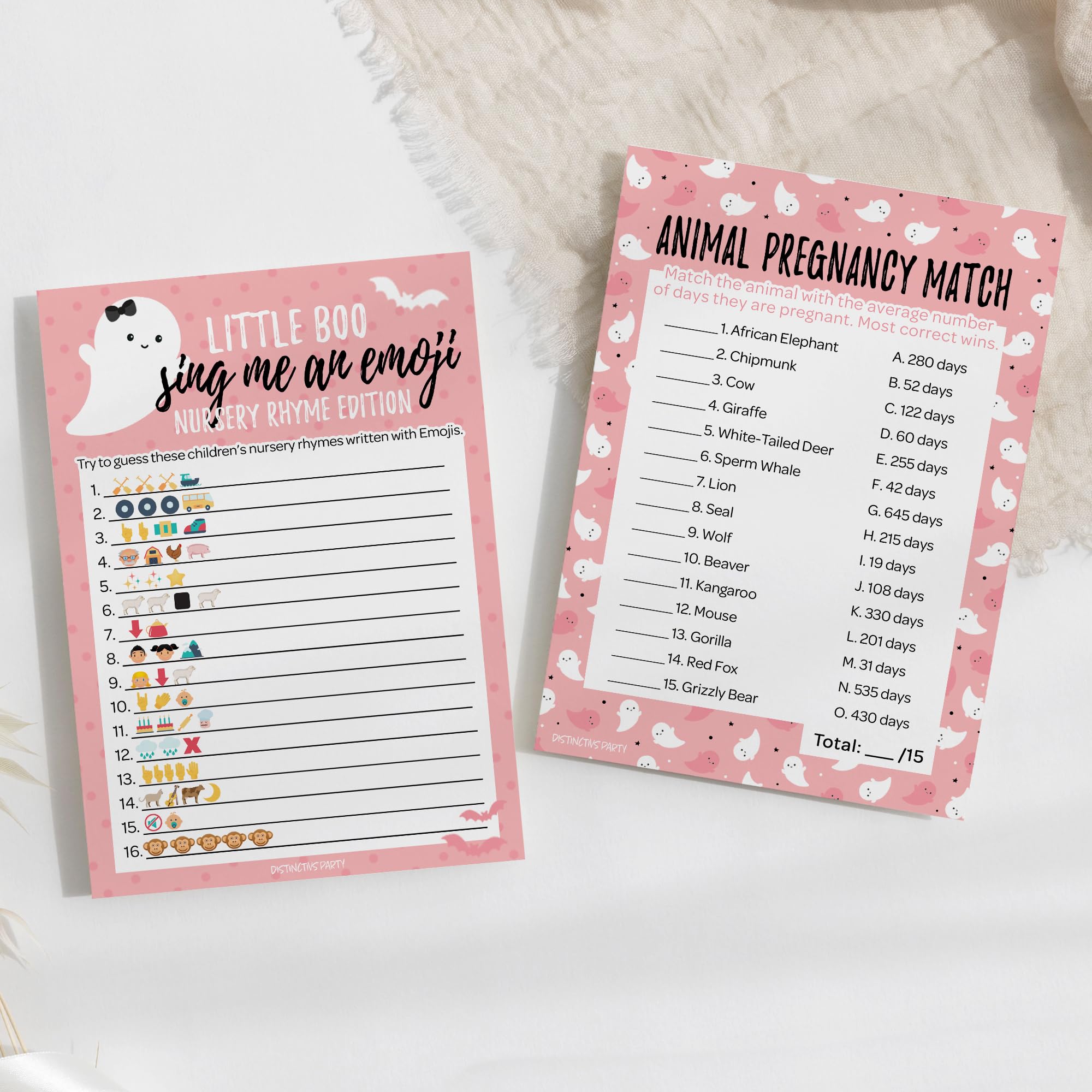 DISTINCTIVS Pink A Little Boo is Almost Due Girl Baby Shower Games - Animal Pregnancy and Emoji Picture Guessing Game (2 Game Bundle) - 20 Dual Sided Cards, Halloween Baby Shower