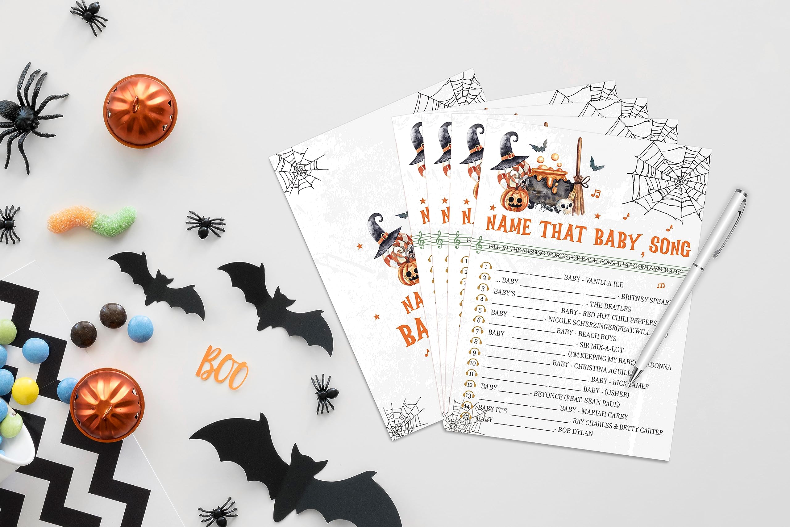 Halloween Name That Baby Song Game, Halloween Game for Baby Shower, Baby Shower Decorations, Fall Gender Reveal Party Supplies, 30 Game Cards and 1 Answer Key - WY08