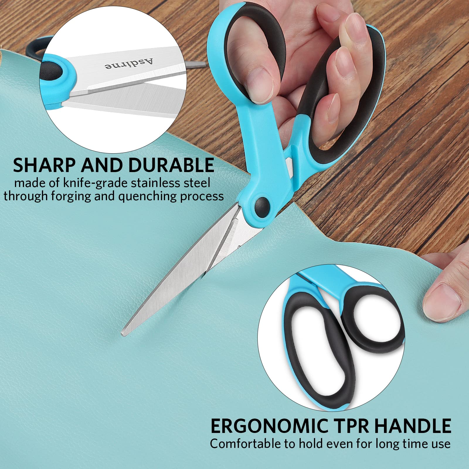 Asdirne Fabric Scissors, Scissors Set with Sharp Stainless Steel Blade and Soft Handles, Including Sewing Scissors, Craft Scissors and Embroidery Scissors, 3PCs, Blue/Black