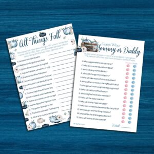 Blue Little Pumpkin Boy Baby Shower Party Games - Guess Who Mommy or Daddy and All Things Fall Matching Game (2 Game Bundle) - 20 Cards, Fall Baby Shower