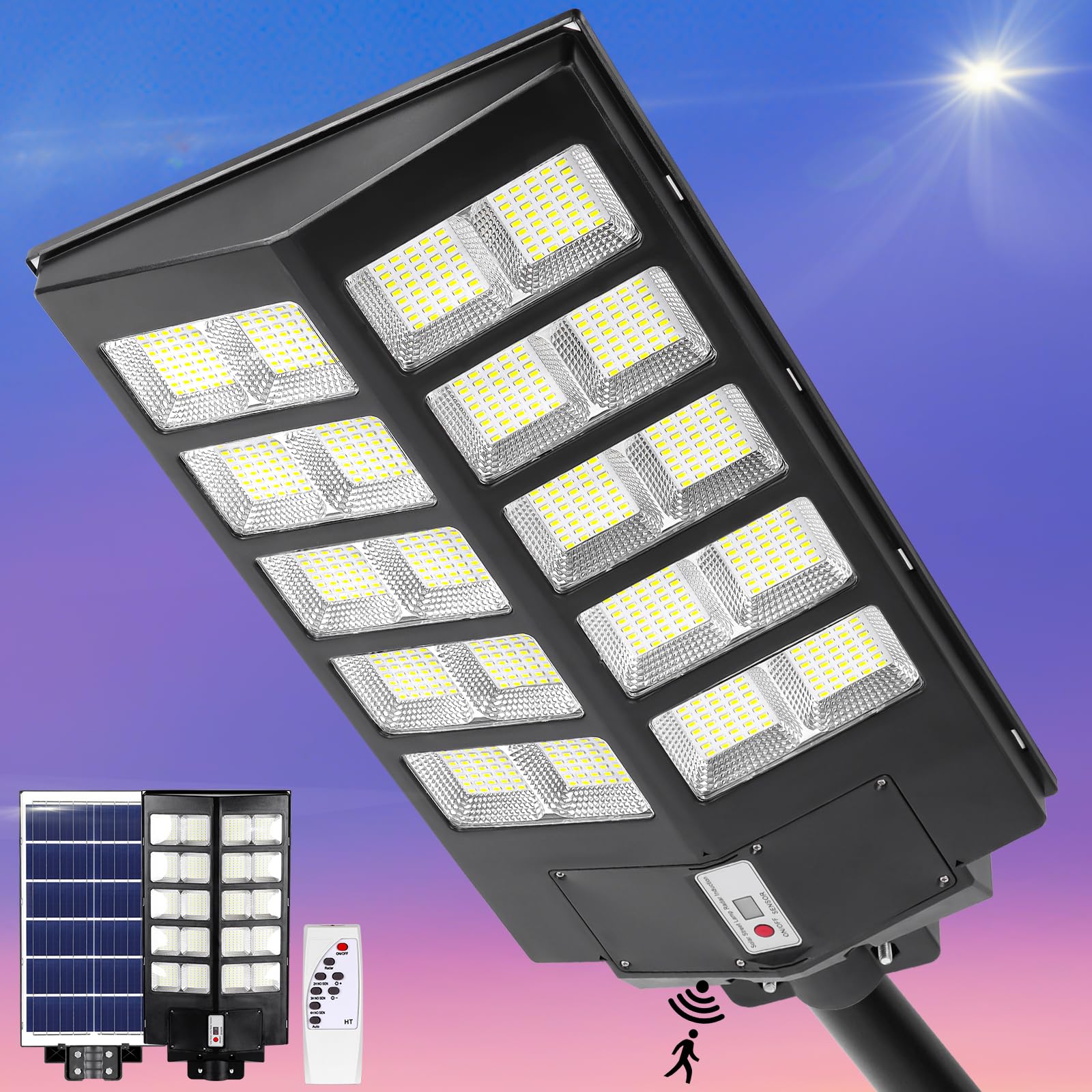 OOOLED Solar Street Lights Outdoor Waterproof 3000W 26000LM 6500K Super Bright White 800PCS LED Chips, Solar Flood Lights Outdoor Motion Sensor with Remote Control, Solar Lights for Outside Yard Patio