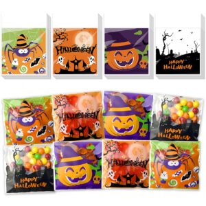 200pcs halloween cellophane candy bags self adhesive clear cookie treat bags gift bags for halloween party supplies (3.94 x 3.94 in)