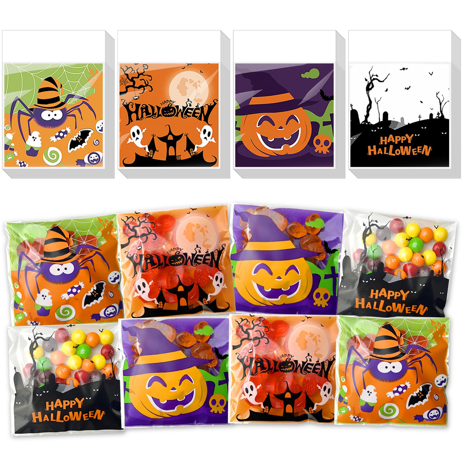 200Pcs Halloween Cellophane Candy Bags Self Adhesive Clear Cookie Treat Bags Gift Bags for Halloween Party Supplies (3.94 x 3.94 In)