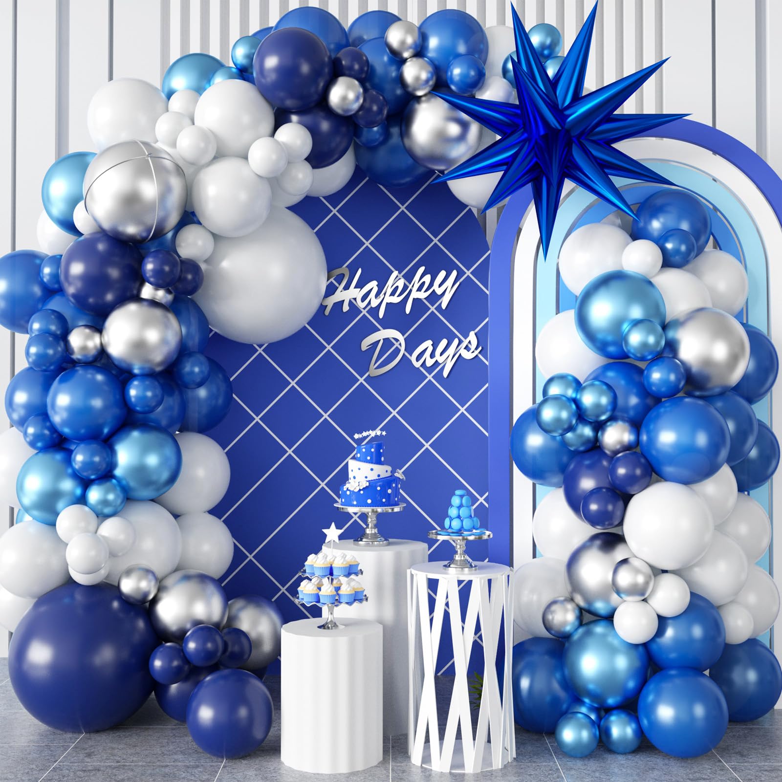 94Pcs Blue Balloon Garland Arch Kit Navy Blue Silver White Balloons Garland Kit with Metallic 4D Star Foil Balloon Birthday Party Balloons for Boys Men Baby Shower Wedding Graduation Party Decoration