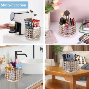 Hipiwe Crystal Vanity Organizer 360 Rotating Makeup Brush Holder Spinning Cosmetic Brushes Display Holder Gold Vanity Storage Holder Multi-Functional Desk Organizer for Eyebrow Pen Pencil, 4-Slot