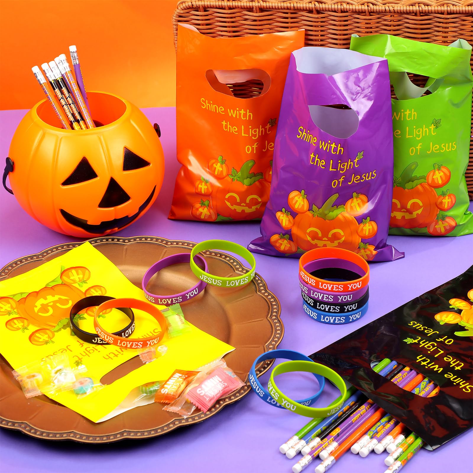 Paterr 105 Pcs Religious Halloween Party Favors 35 Christian Pumpkin Plastic Bags 35 Christian Halloween Pencil 35 Religious Bible Rubber Wristband for Religious Halloween Trick or Treat Party