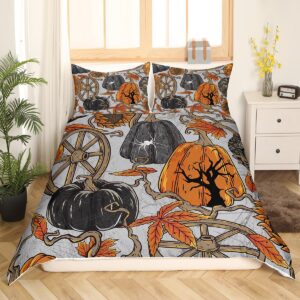 Feelyou Pumpkin Duvet Cover Full, Halloween Pumpkin Pumpkin Bedding Set Scary Halloween Comforter Cover Maple Leaves Bedspread Cover with 2 Pillow Case (No Comforter)