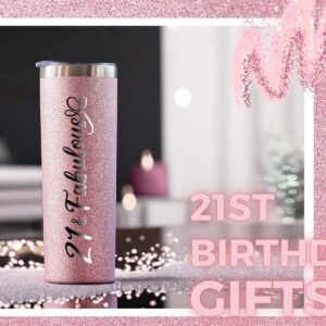 Onebttl 21st Birthday Gifts for Women, Girl, Her - 21 and Fabulous -20oz/590ml Stainless Steel Insulated Glitter Tumbler with Straw, Lid, Message Card - (Rose Gold)