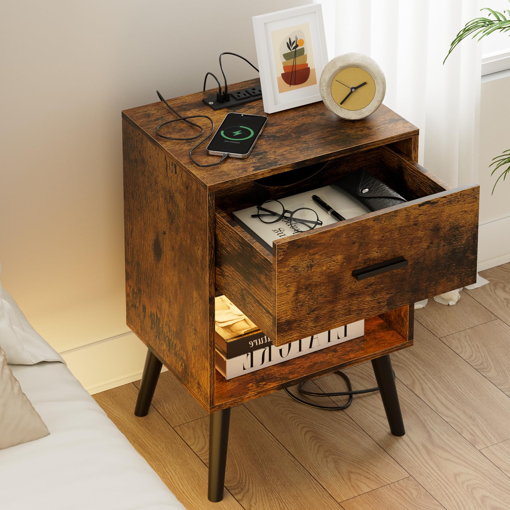 Aobafuir Nightstand with Charging Station and LED Lights, Small Side Table, Bedside Table with Drawer, Modern Night Stand, End Table for Bedroom, Living Room, Light Rustic Brown