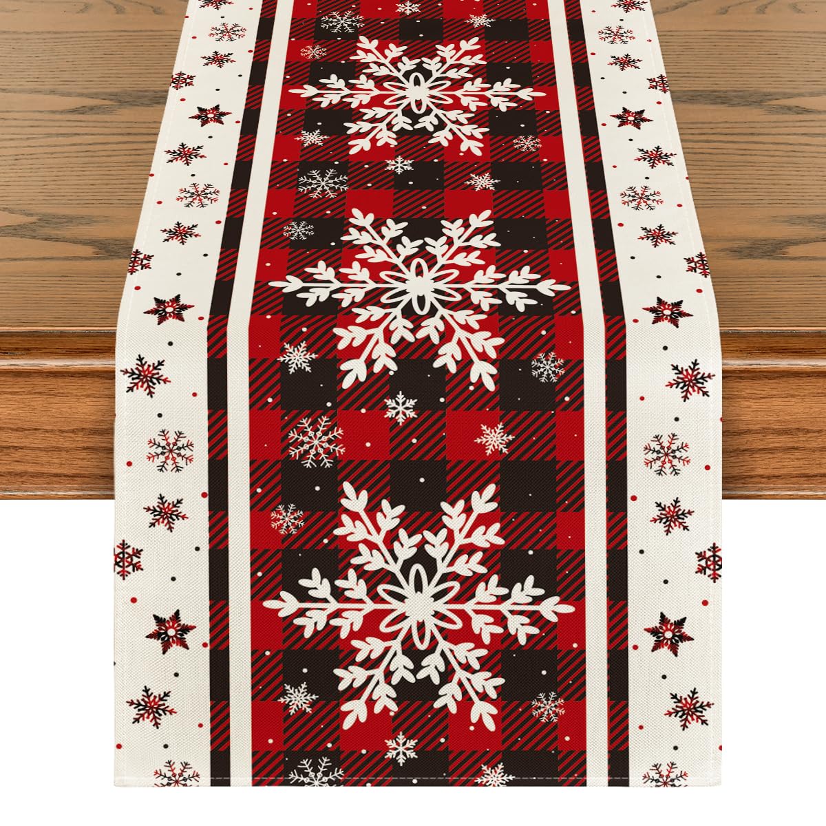 Artoid Mode Buffalo Plaid Snowflakes Christmas Table Runner, Seasonal Winter Kitchen Dining Table Decoration for Home Party Decor 13x72 Inch