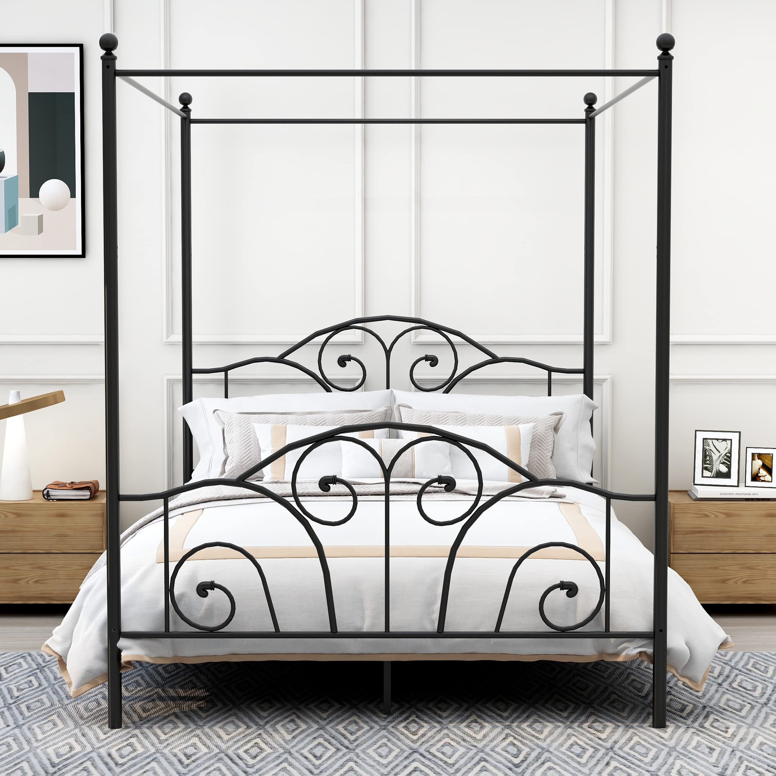 AUFANK Queen Size Four-Poster Metal Canopy Bed Frame with Headboard and Footboard Sturdy Slatted Structure No Box Spring Needed Black