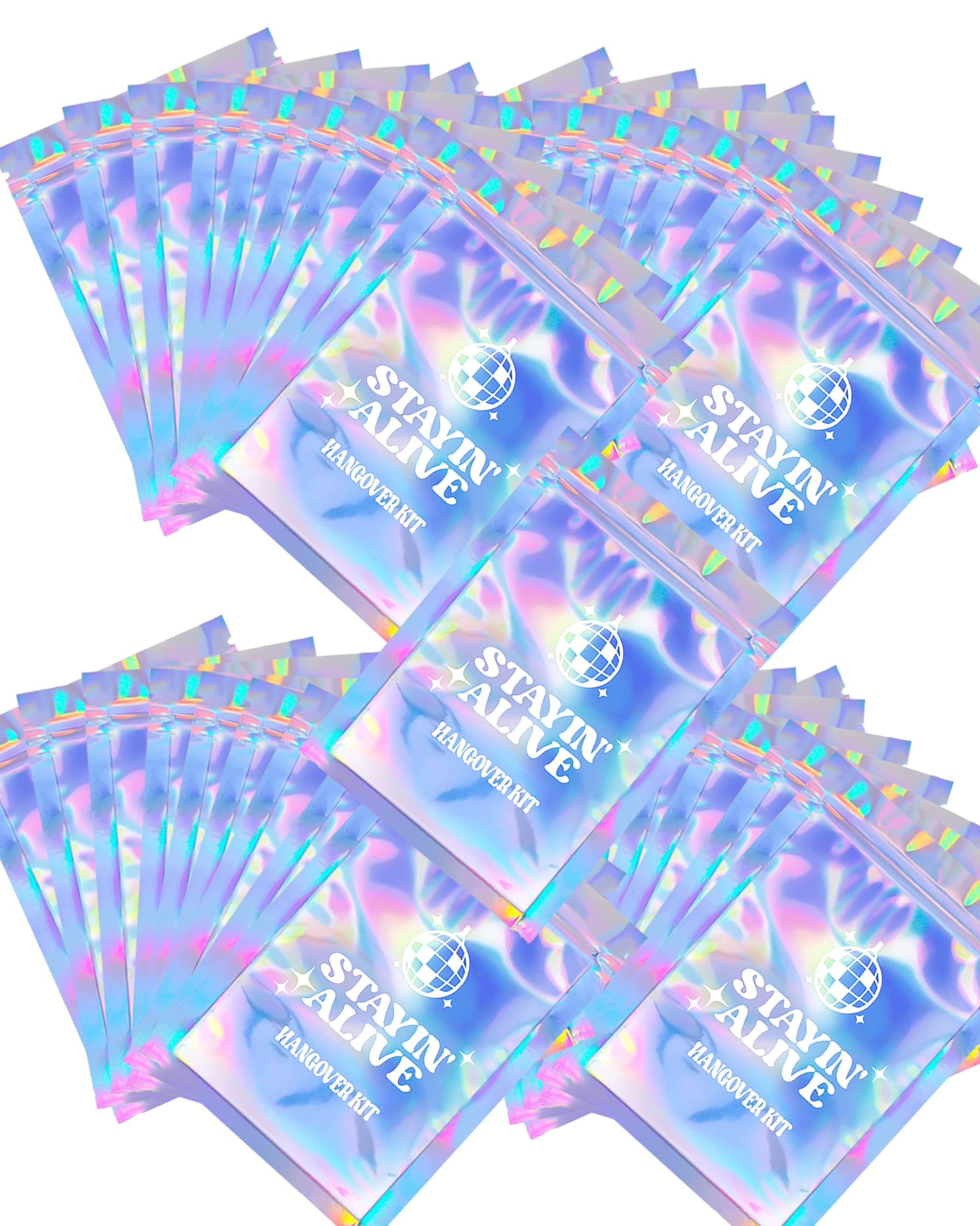 SILFGRLF Stayin' Alive Bachelorette Party Hangover Kits Bags, 50 Pcs Holographic Bags (5"x7") Bachelorette Party Supplies Last Disco Party Favors Printed