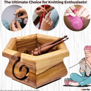 Carfar Knitting Yarn Bowl & Crochet Hooks Set Handmade Wooden Yarn Storage Bowl for Craft, Crocheting and Knitting