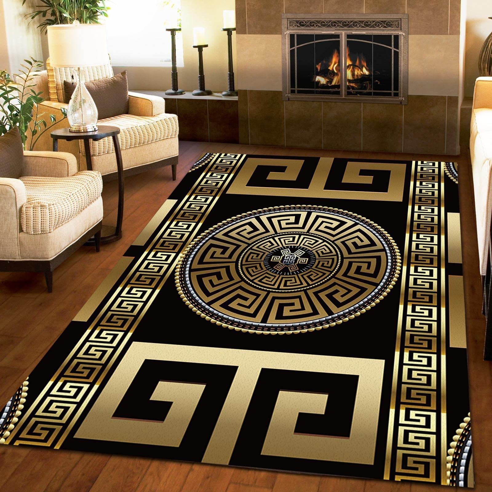 Retro Black Gold Greek Key Area Rugs, 3D Geometric Print Carpet, Indoor Non-Slip Kids Rugs, Machine Washable Breathable Durable Carpet for Front Entrance Floor Decor,2 x 3ft