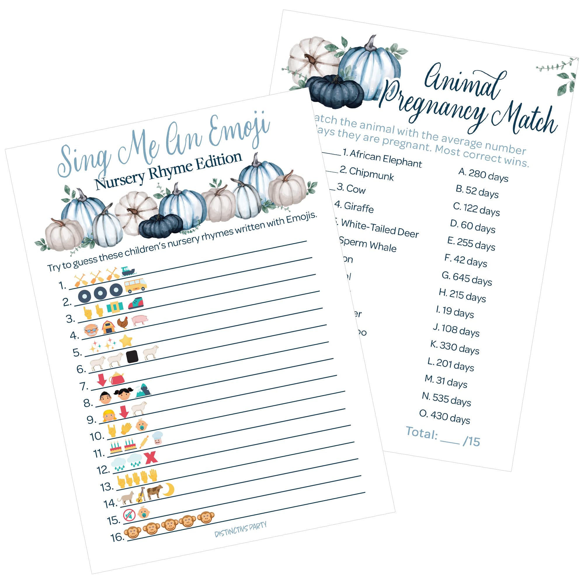 Blue Little Pumpkin Baby Shower Party Games - Animal Pregnancy and Emoji Picture Guessing Game (2 Game Bundle) - 20 Dual Sided Cards, Fall Baby Shower